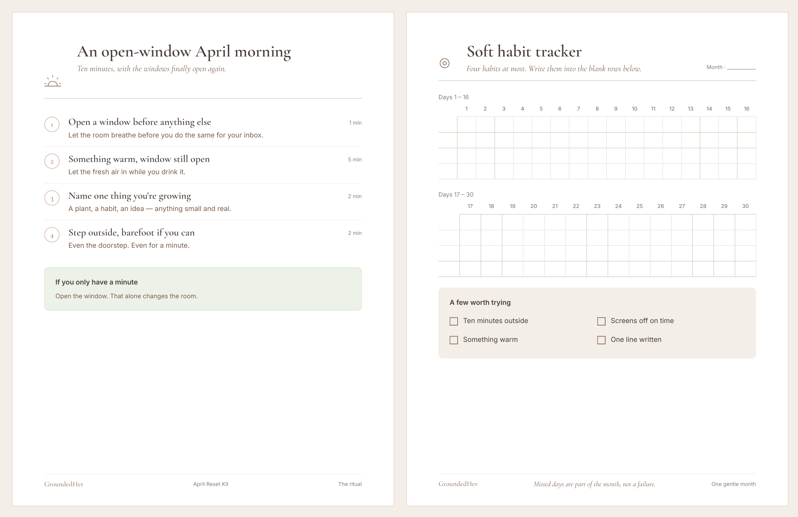 Sample pages from the April Reset Kit