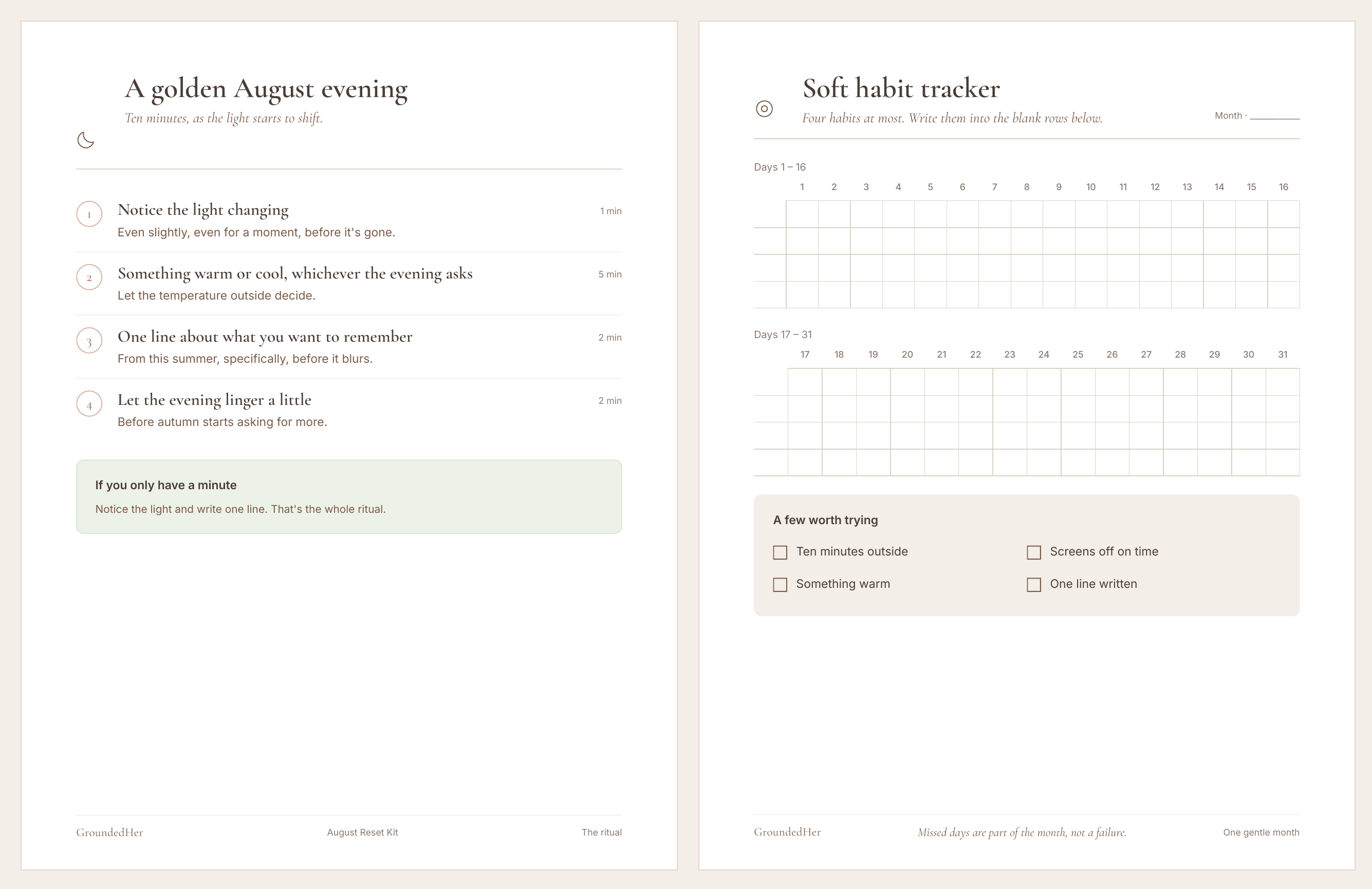 Sample pages from the August Reset Kit