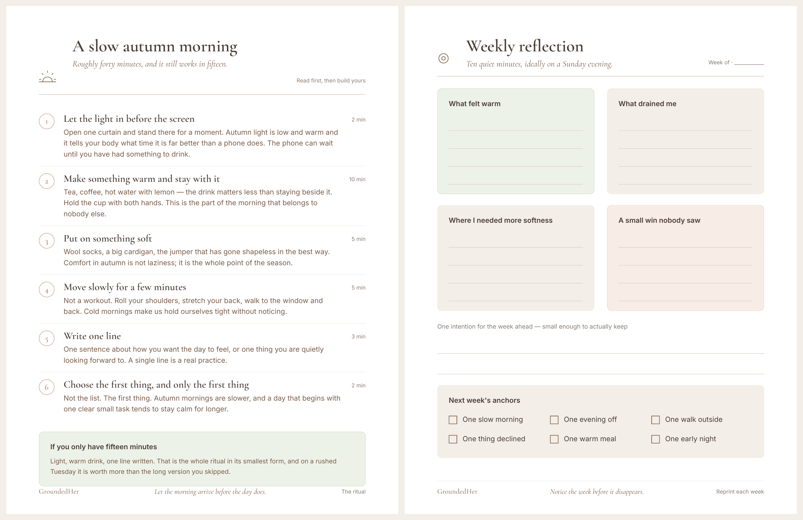 Sample pages from the Cozy Fall Reset Kit