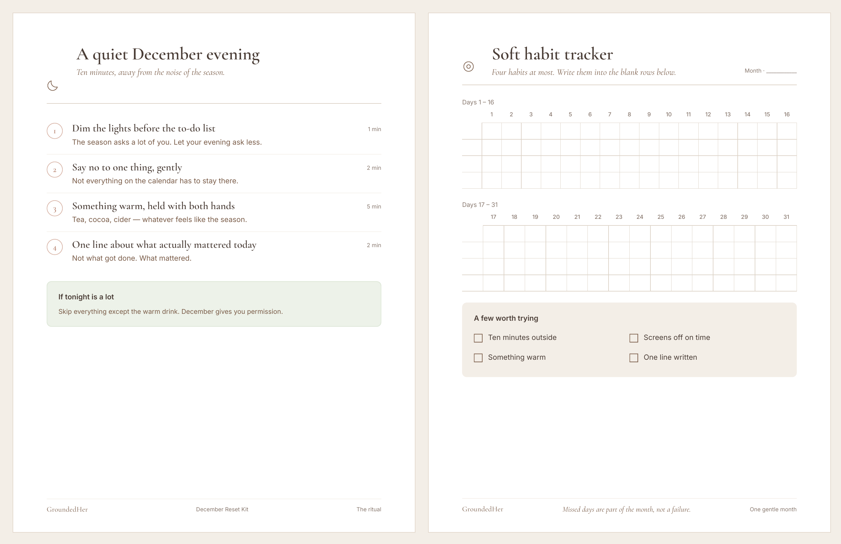 Sample pages from the December Reset Kit