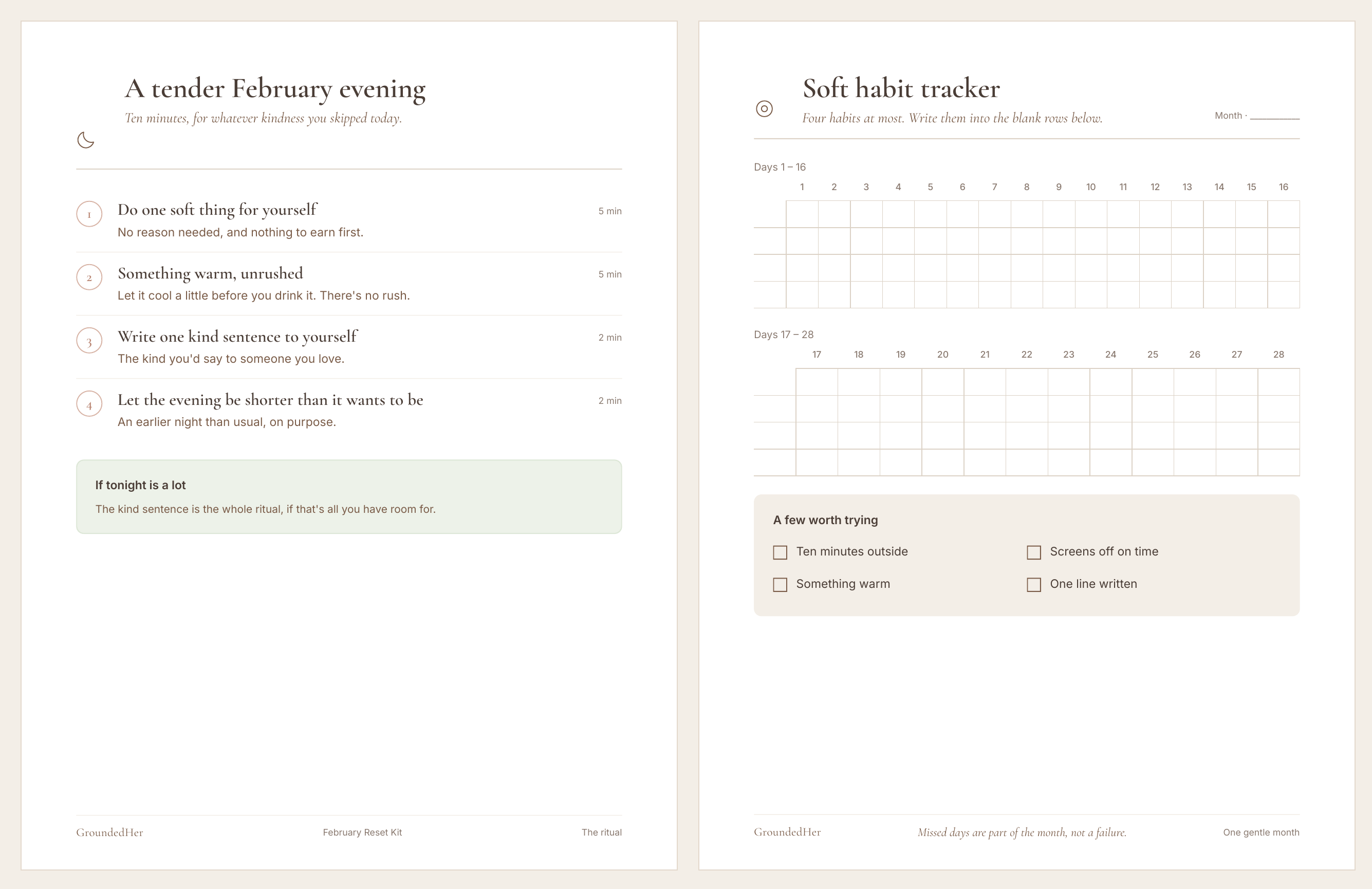 Sample pages from the February Reset Kit