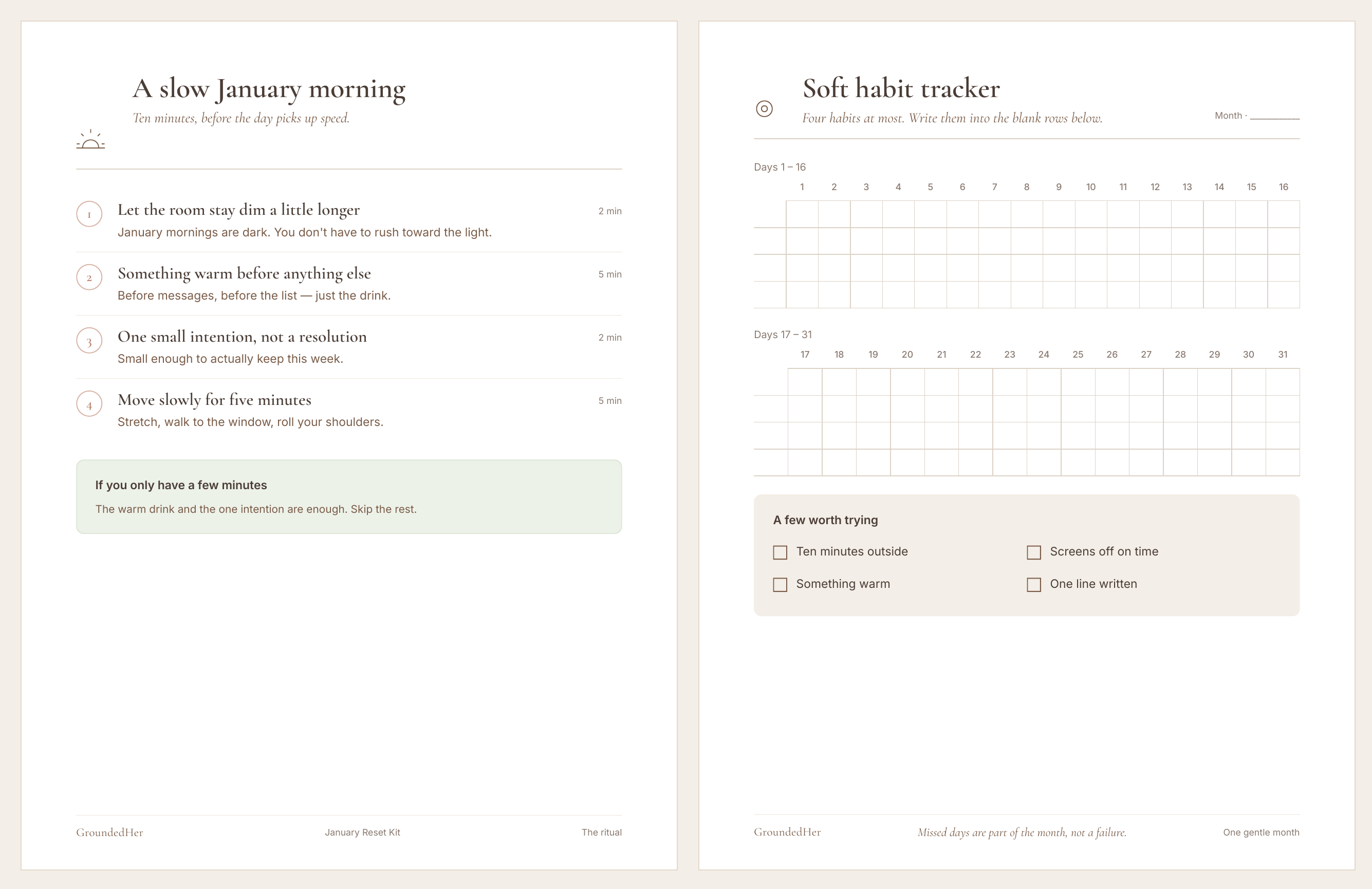 Sample pages from the January Reset Kit