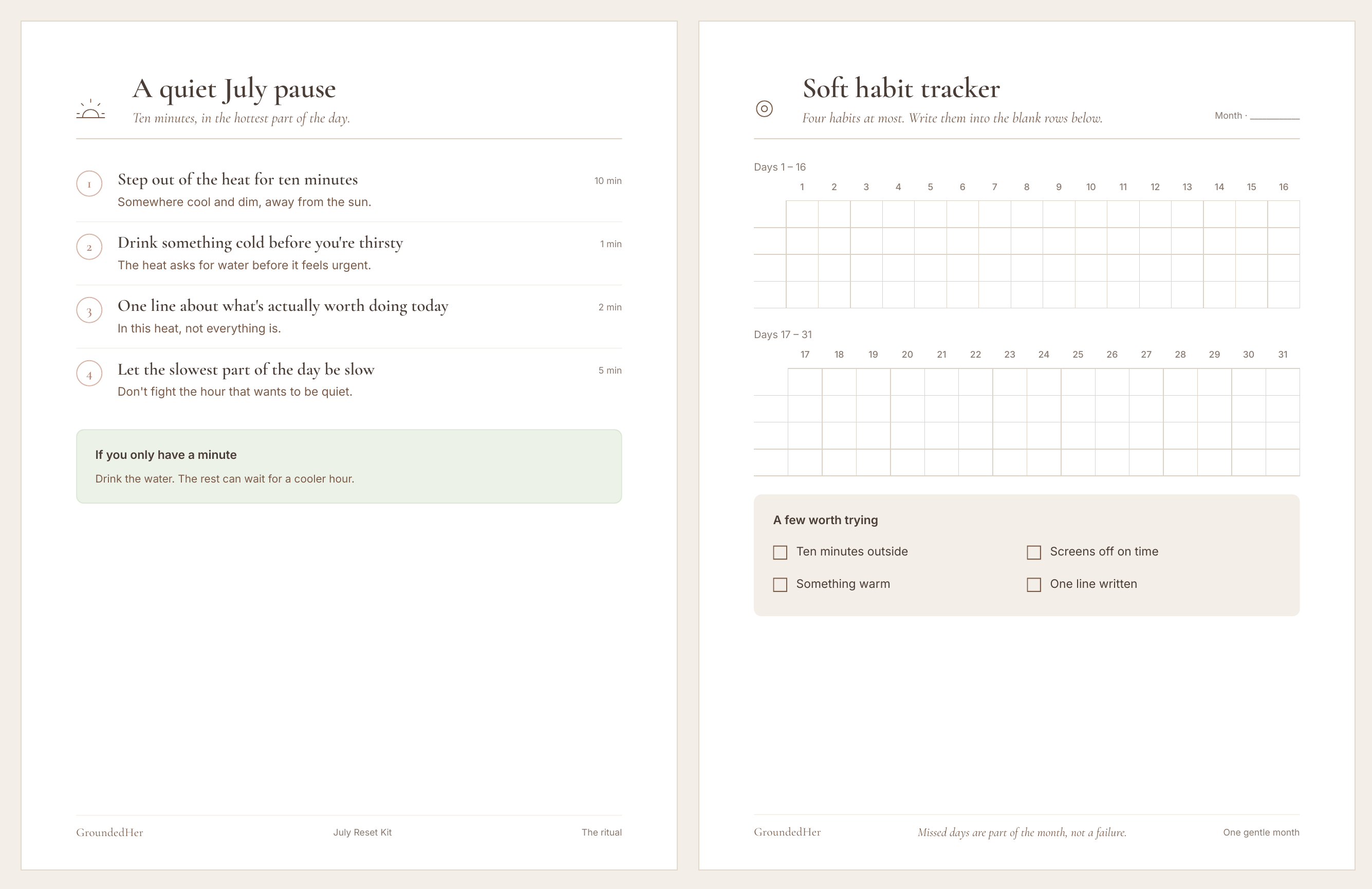 Sample pages from the July Reset Kit