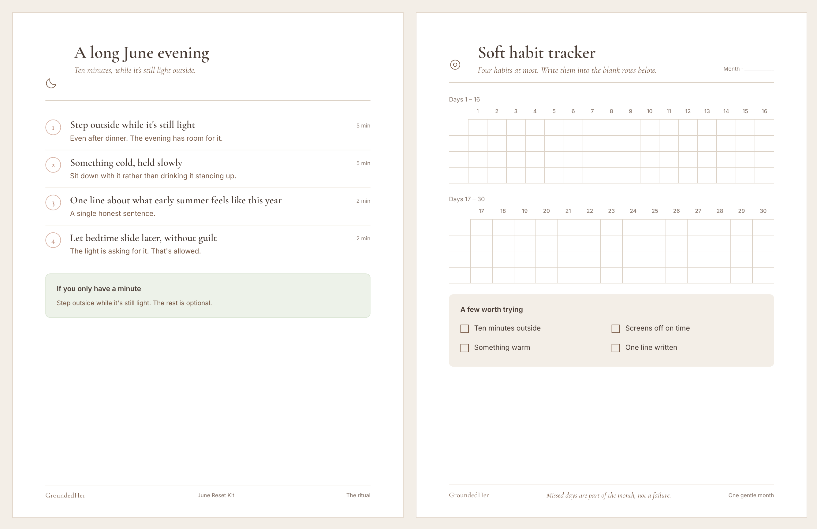 Sample pages from the June Reset Kit