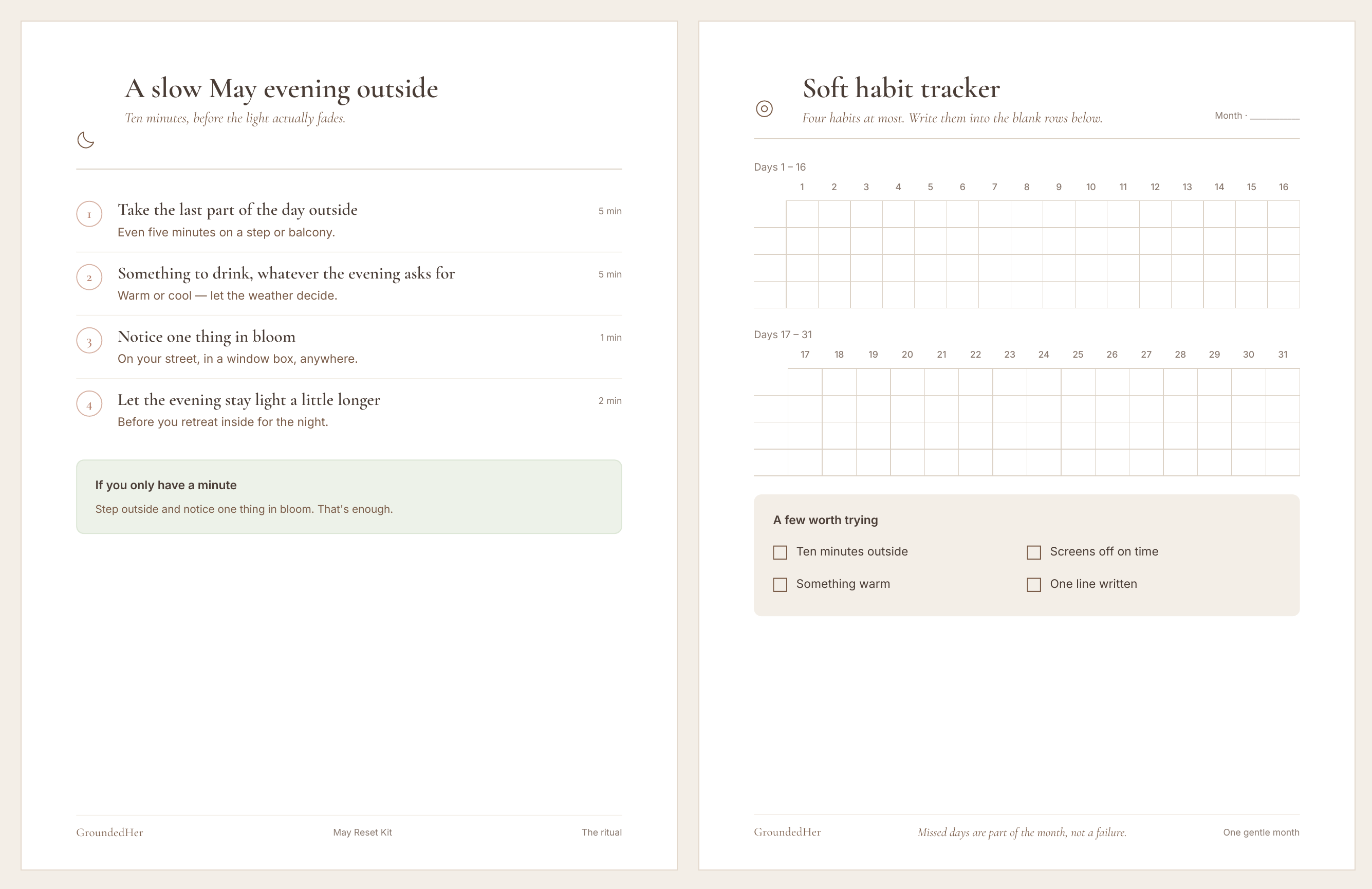 Sample pages from the May Reset Kit