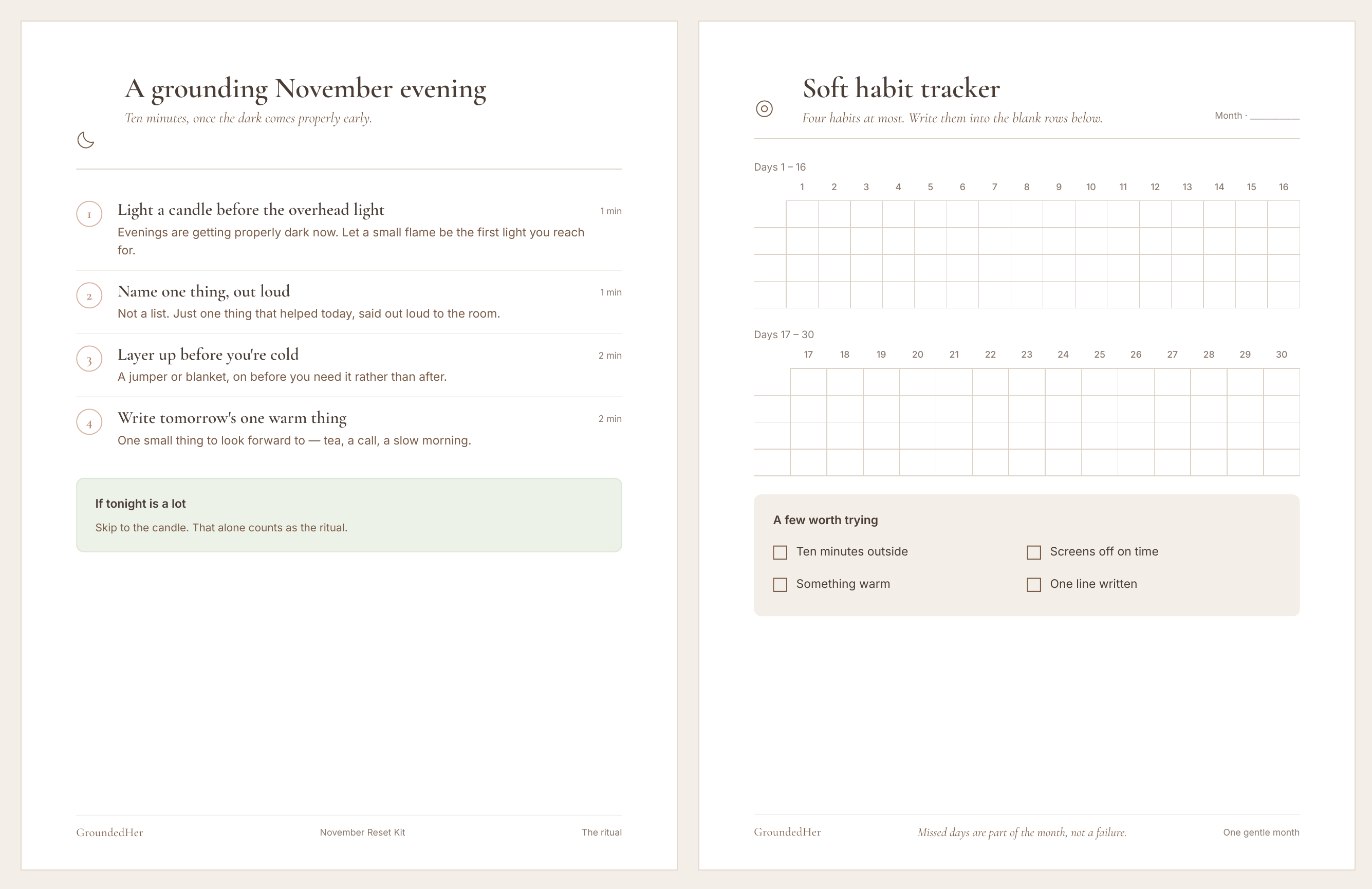Sample pages from the November Reset Kit
