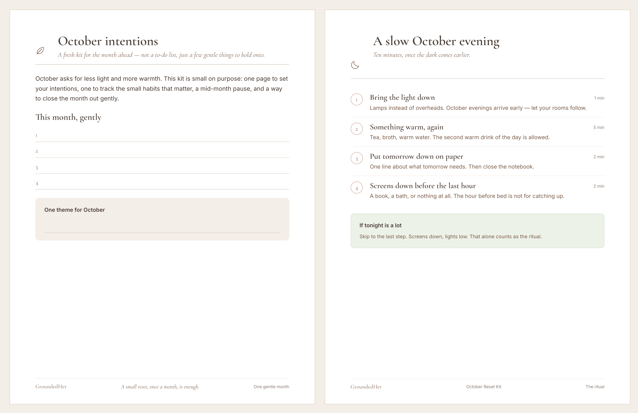 Sample pages from the October Reset Kit
