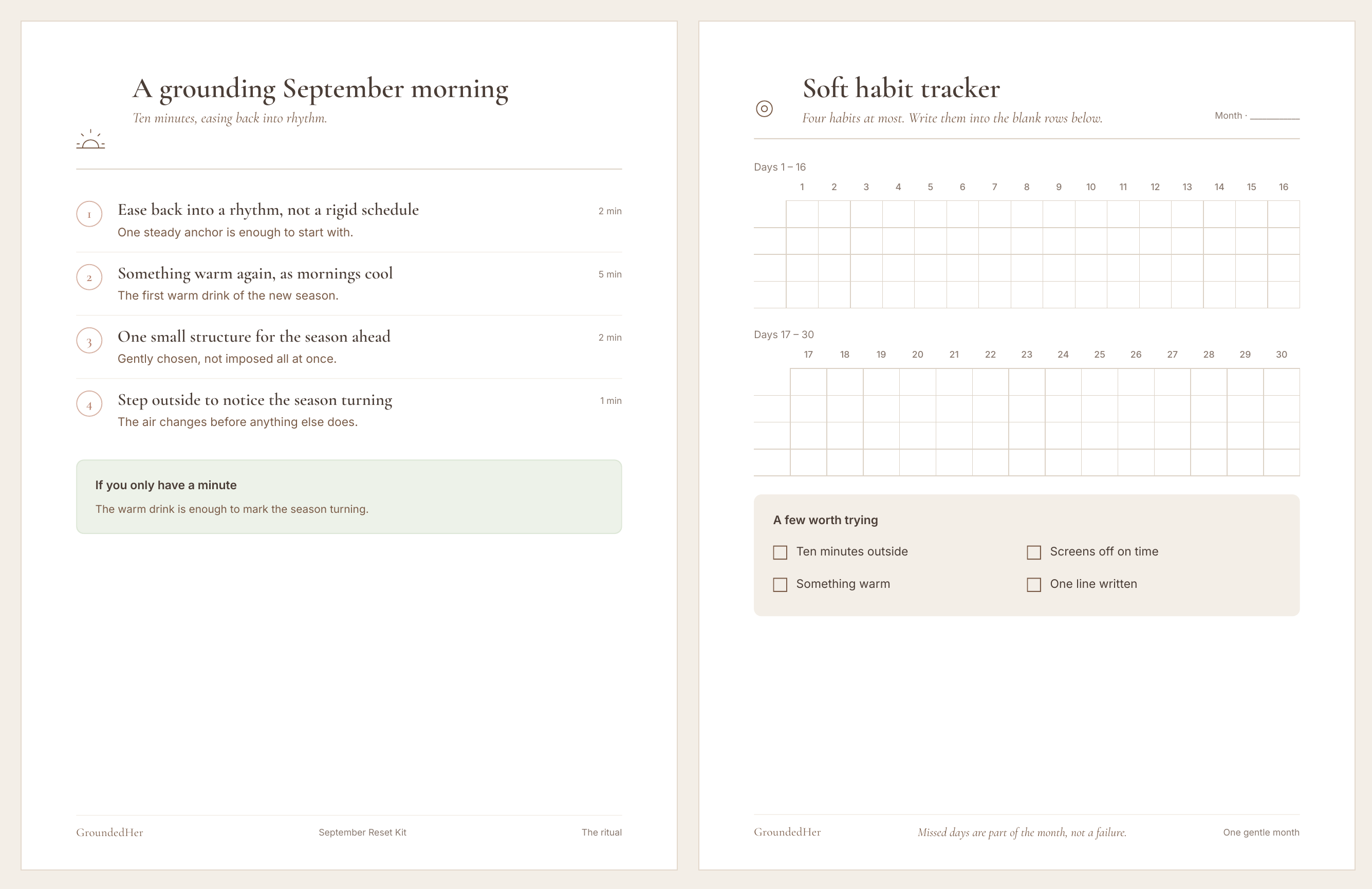 Sample pages from the September Reset Kit