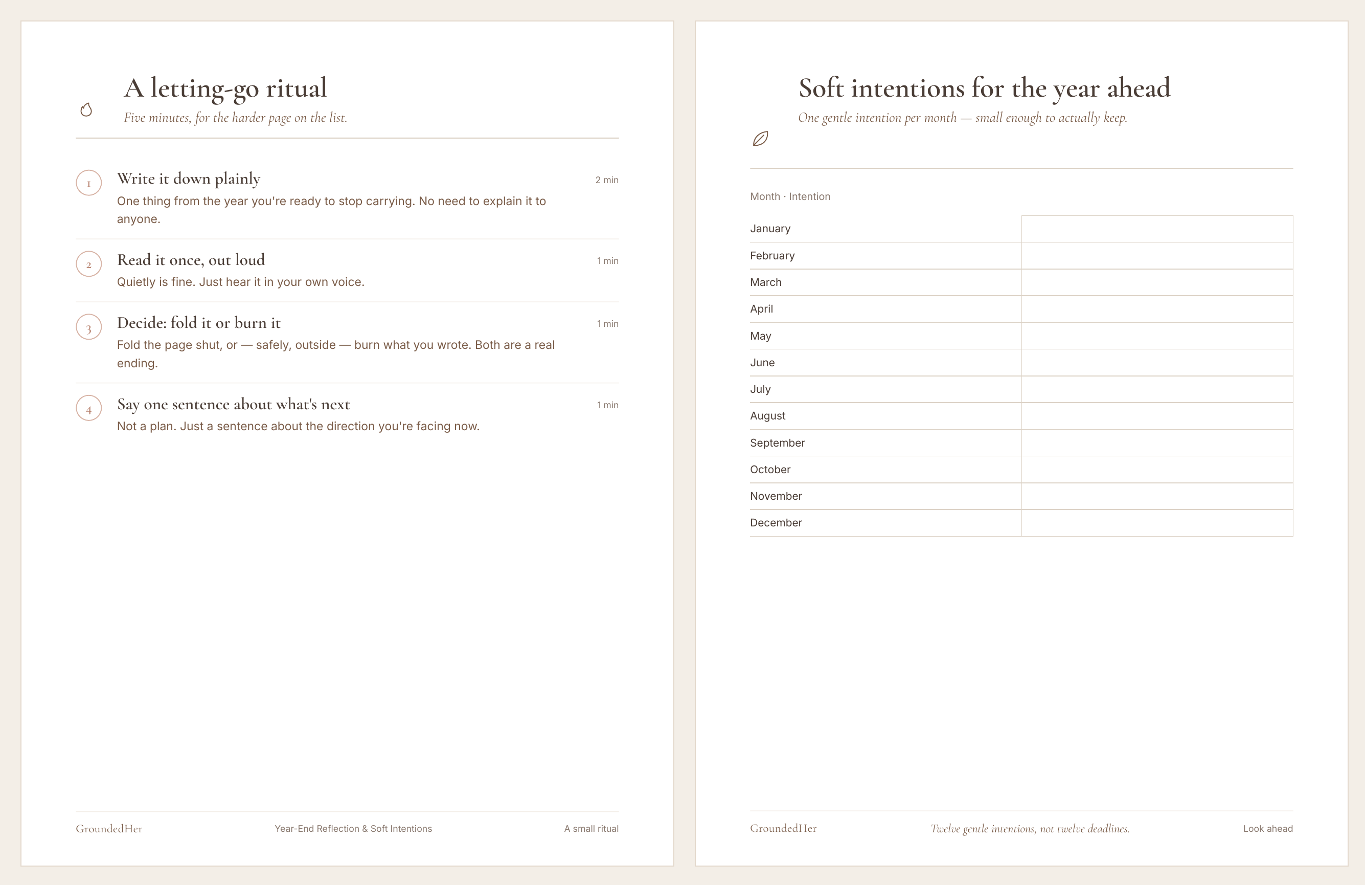 Sample pages from Year-End Reflection & Soft Intentions